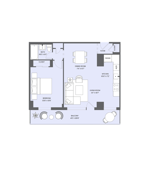 Floor plan for 1 bed, 1 bath, 626 sqft